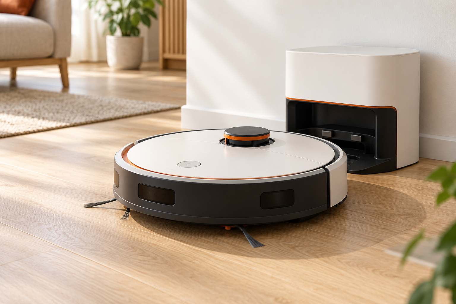 Illustration eines Saugroboters mit Dockingstation im Wohnraum